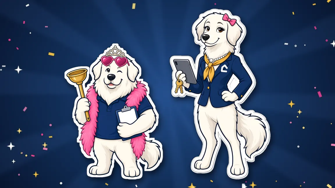 GlamLandlord cartoon art: a fluffy white dog in a tiara, heart sunglasses and a pink feather boa holding a plunger and a clipboard, next to a second dog in a navy blazer holding a tablet and keys.