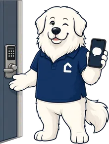 The CompanionPMA mascot standing next to a door's keypad lock, holding up a phone with a message bubble